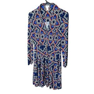 Cache Navy Blue‎ Orange Geo Print A Line dress Career Cocktail Size 4